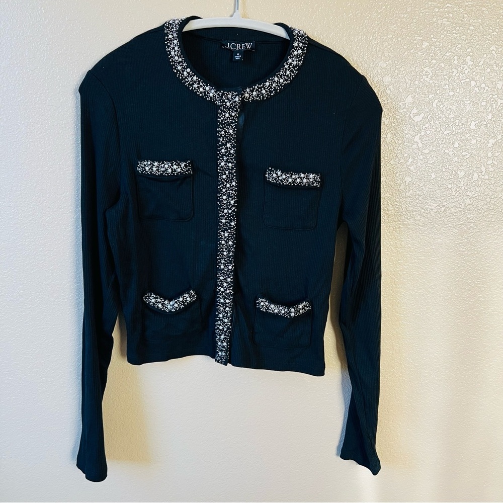 J.CREW Vintage Rib Lady Sweater with Jewel Trim Black Knit Cardigan Size Medium